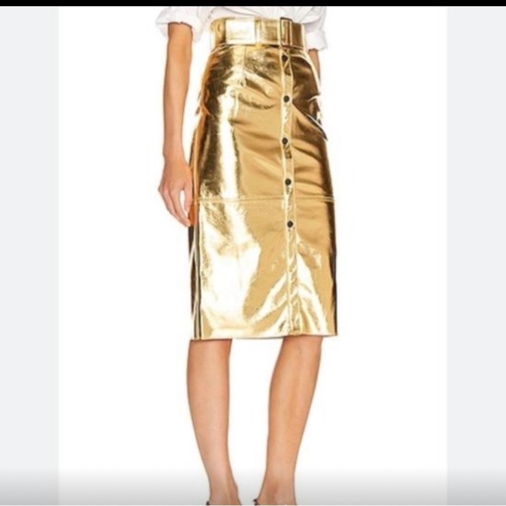 MSGM faux leather button front midi metallic gold skirt trend alert